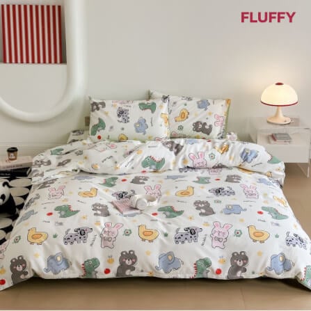 ชุดผ้าปูที่นอน 3.5ฟุต 4ชิ้น Fluffy คอลเลคชั่น Dreamy ลาย Zoo รวมผ้านวม_1